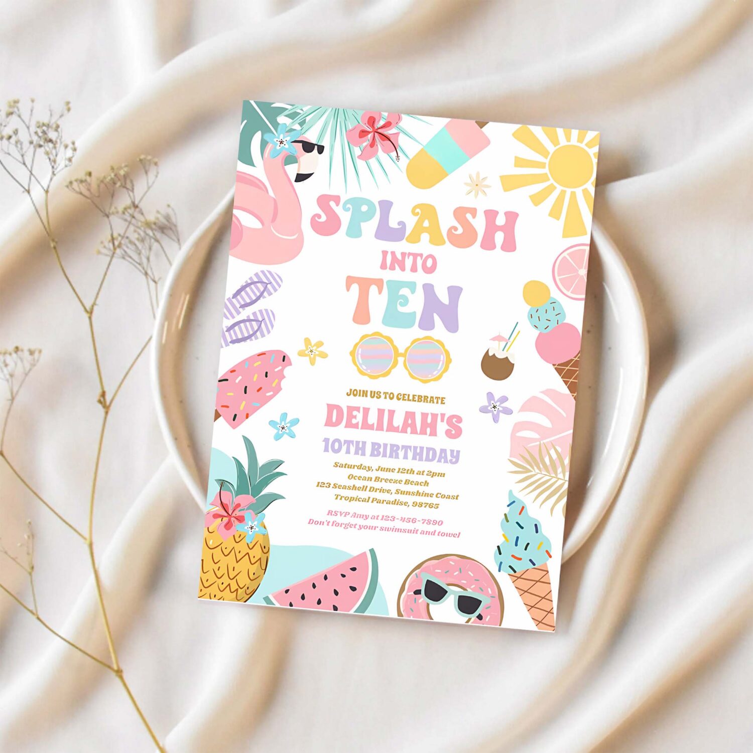 Splash into ten tropical beach 10th birthday party invitation k80l 1