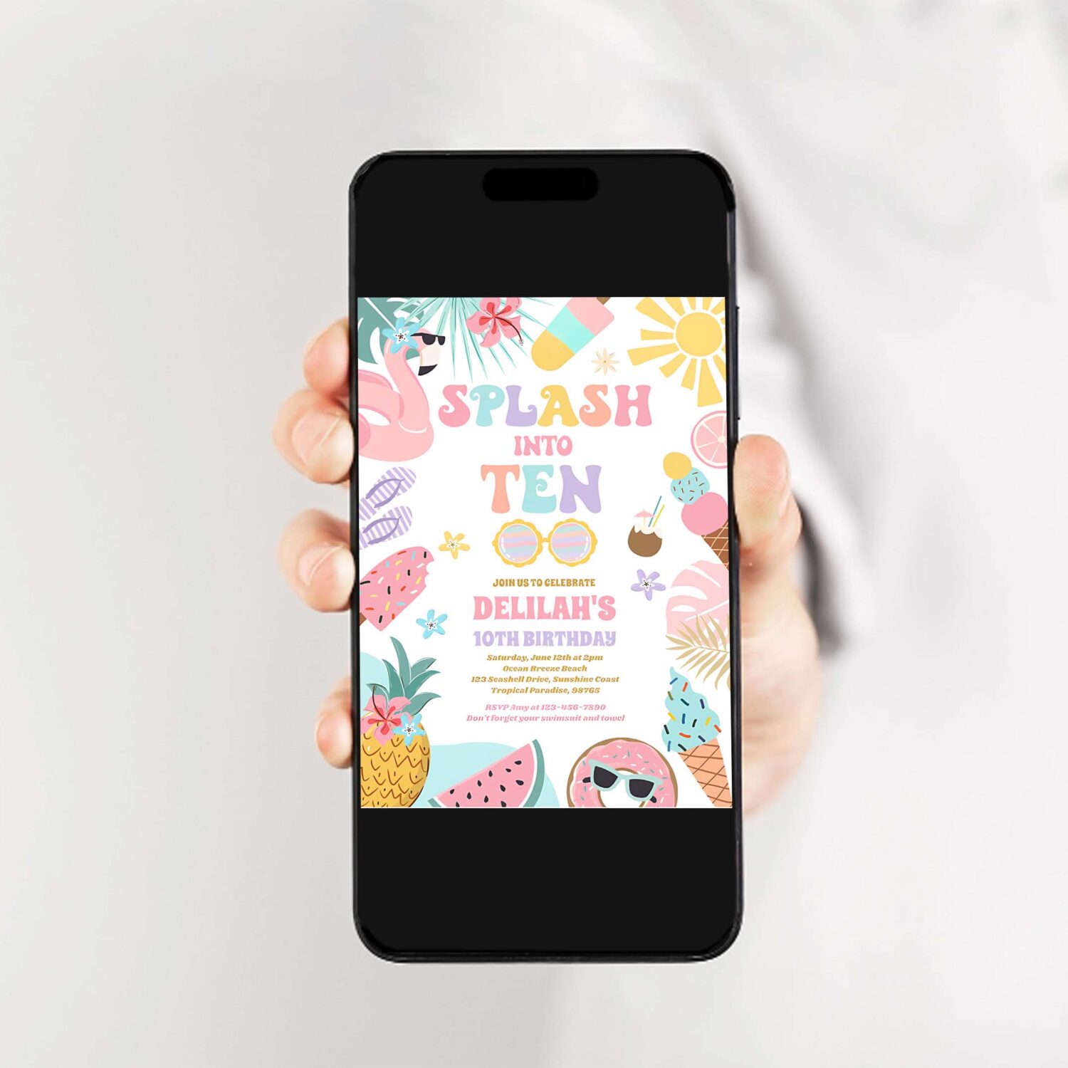 Splash into ten tropical beach 10th birthday party invitation k80l 2
