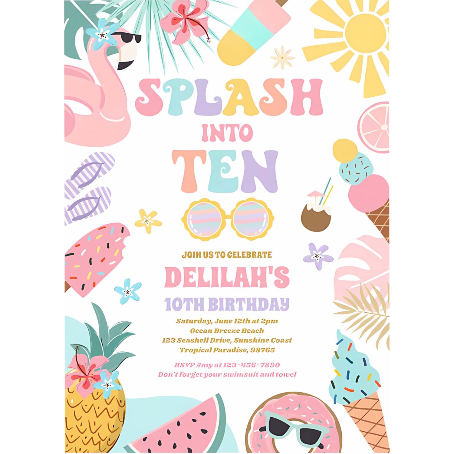 Splash into ten tropical beach 10th birthday party invitation k80l 4