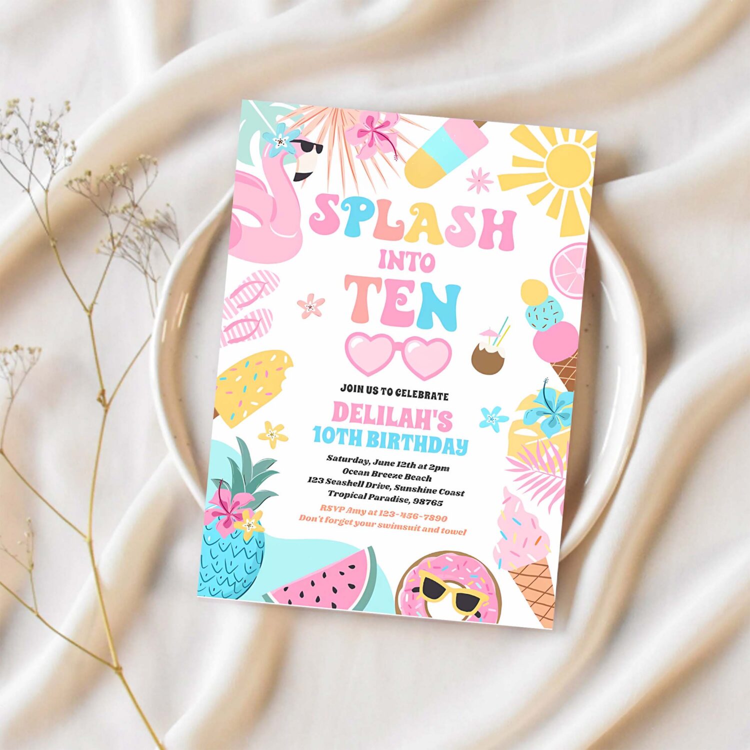 Splash into ten tropical beach 10th birthday party invitation u92o 1