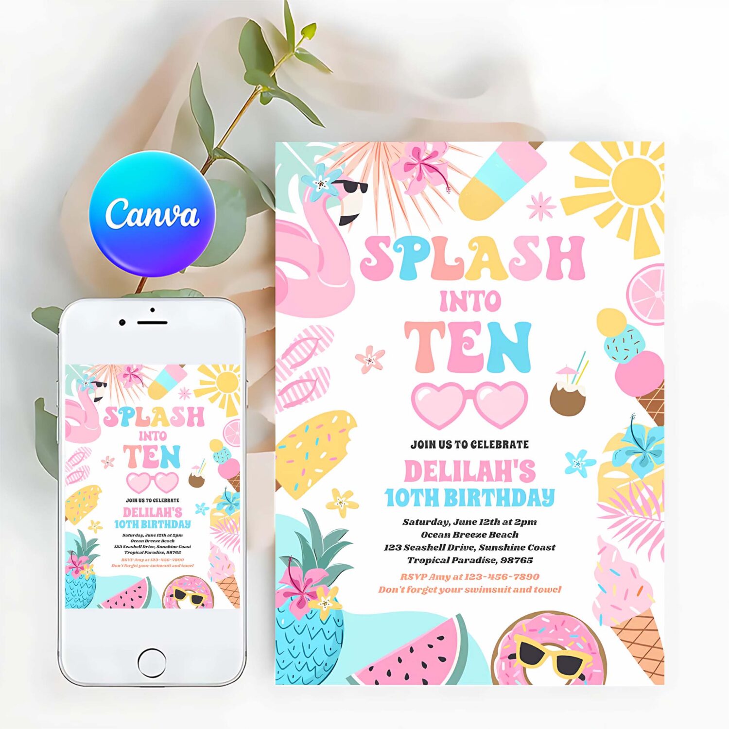 Splash into ten tropical beach 10th birthday party invitation u92o