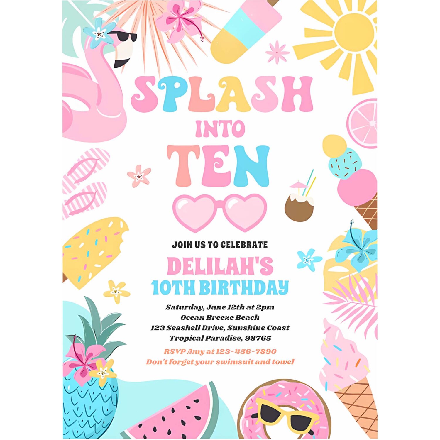 Splash into ten tropical beach 10th birthday party invitation u92o 4