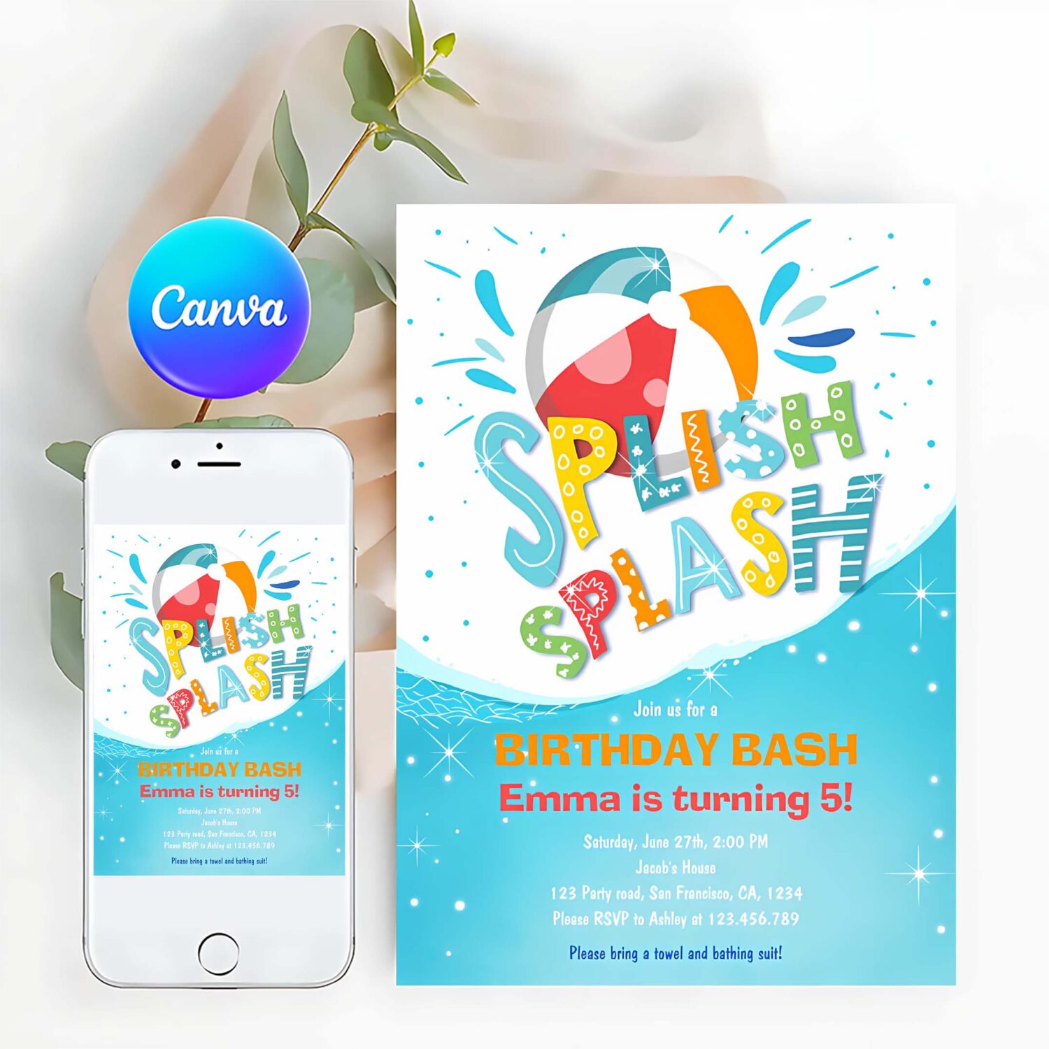 Splish splash birthday bash boy pool party invitation p70e