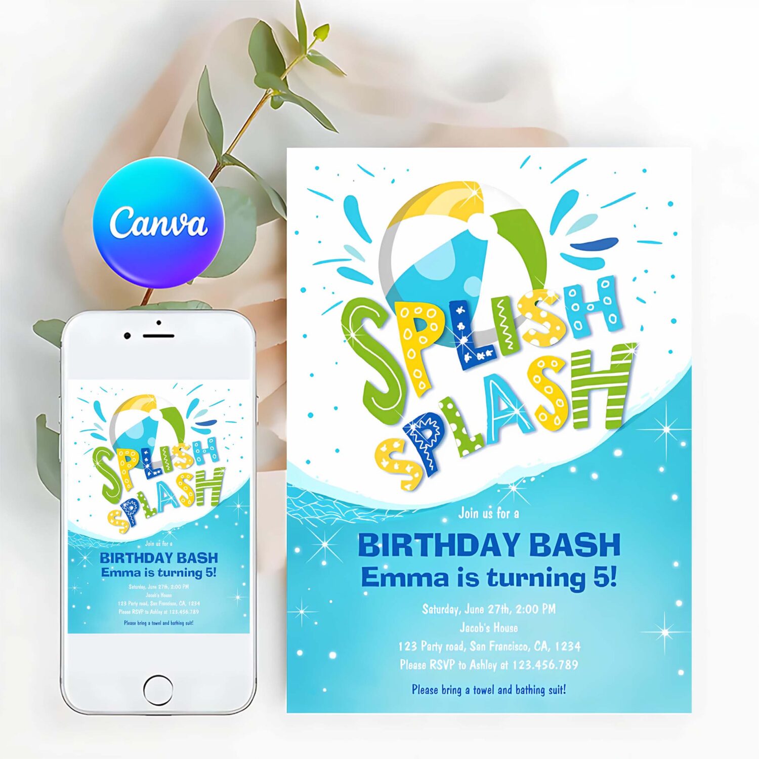 Splish splash birthday bash boy pool party invitation s35t