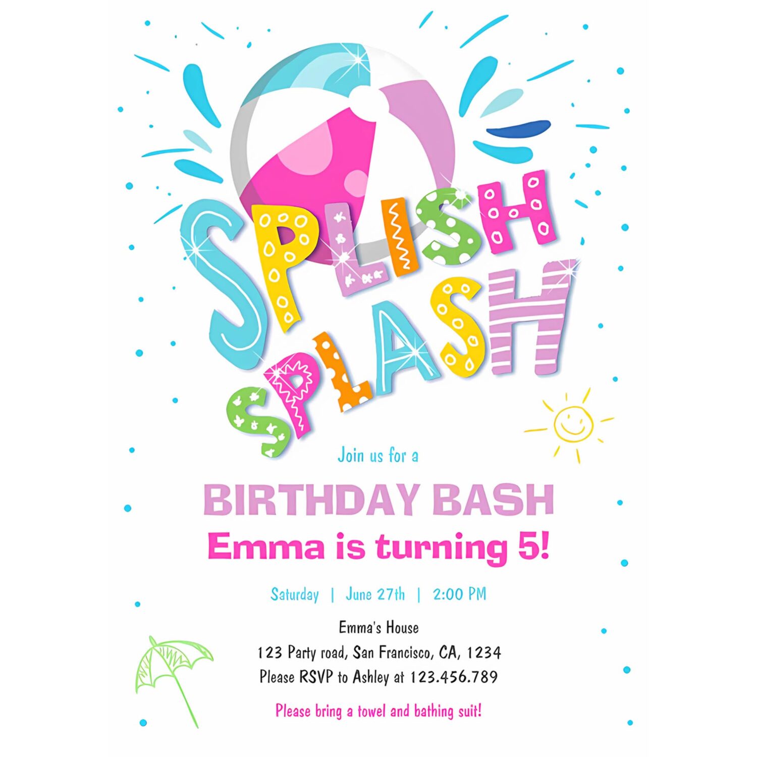 Splish splash birthday bash girl pool party invitation a43j 4