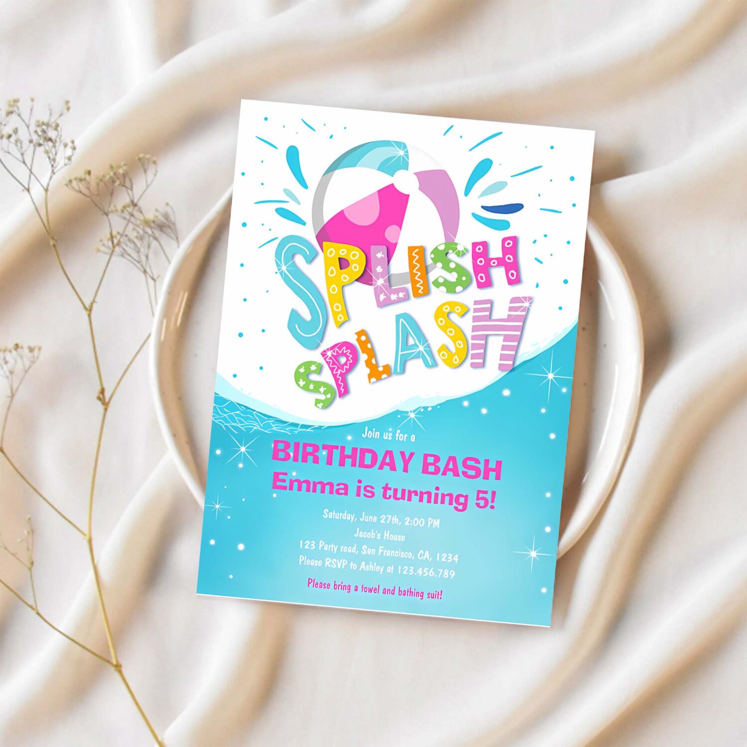 Splish splash birthday bash girl pool party invitation s73v 1