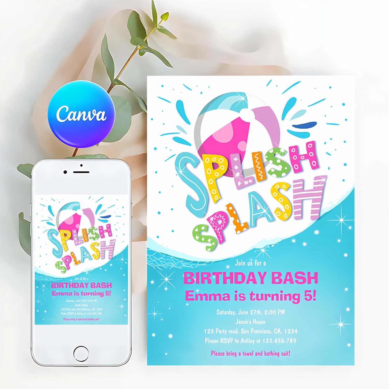 Splish splash birthday bash girl pool party invitation s73v