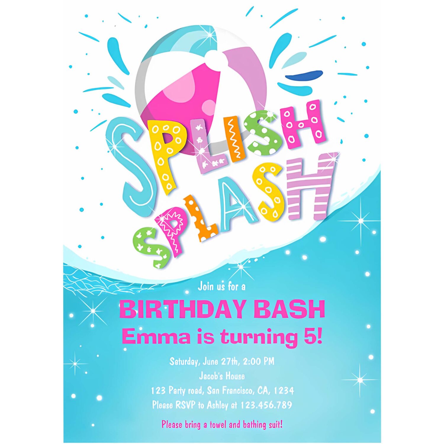 Splish splash birthday bash girl pool party invitation s73v 4