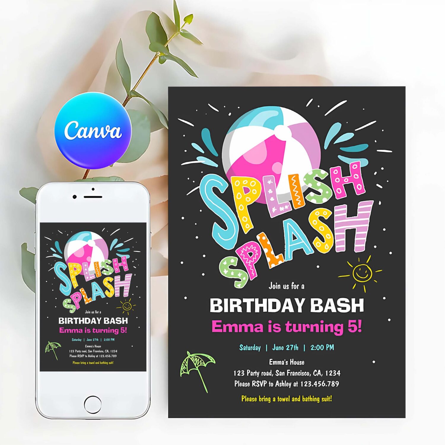 Splish splash birthday bash girl pool party invitation z96c
