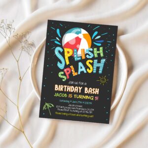 Splish splash birthday invitation pool black party boy beach ball blue birthday bash 1