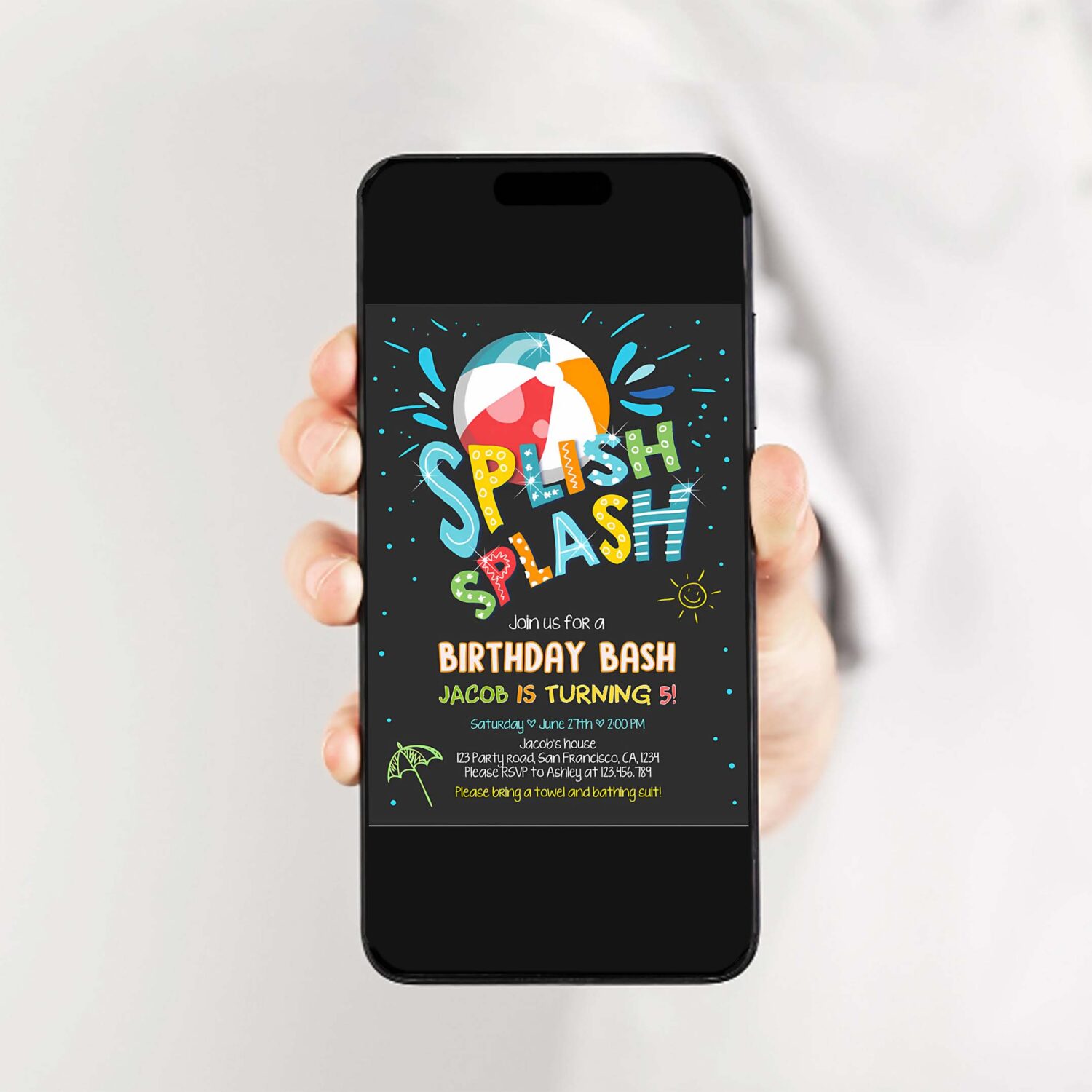 Splish splash birthday invitation pool black party boy beach ball blue birthday bash 2