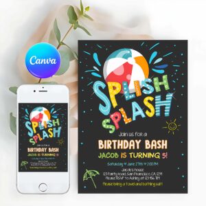 Splish Splash Invitation, Splish Splash Birthday Invitation, Pool Black Party Boy Beach Ball Blue Birthday Bash