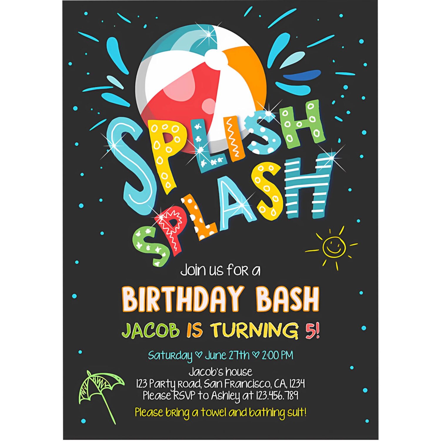 Splish splash birthday invitation pool black party boy beach ball blue birthday bash 4