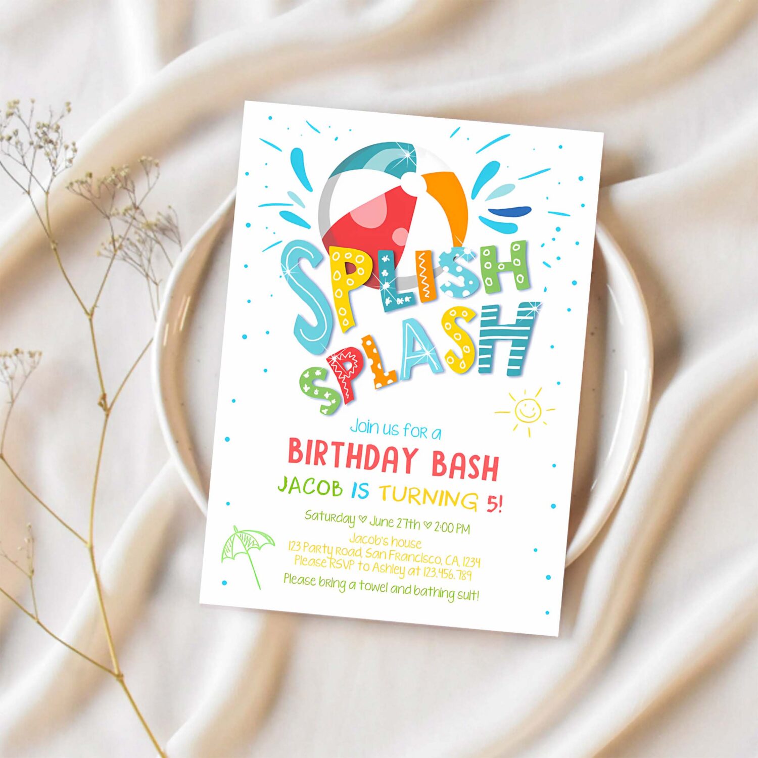 Splish splash birthday invitation pool party boy beach ball blue green birthday bash 1