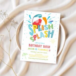Splish splash birthday invitation pool party boy beach ball blue green birthday bash 1