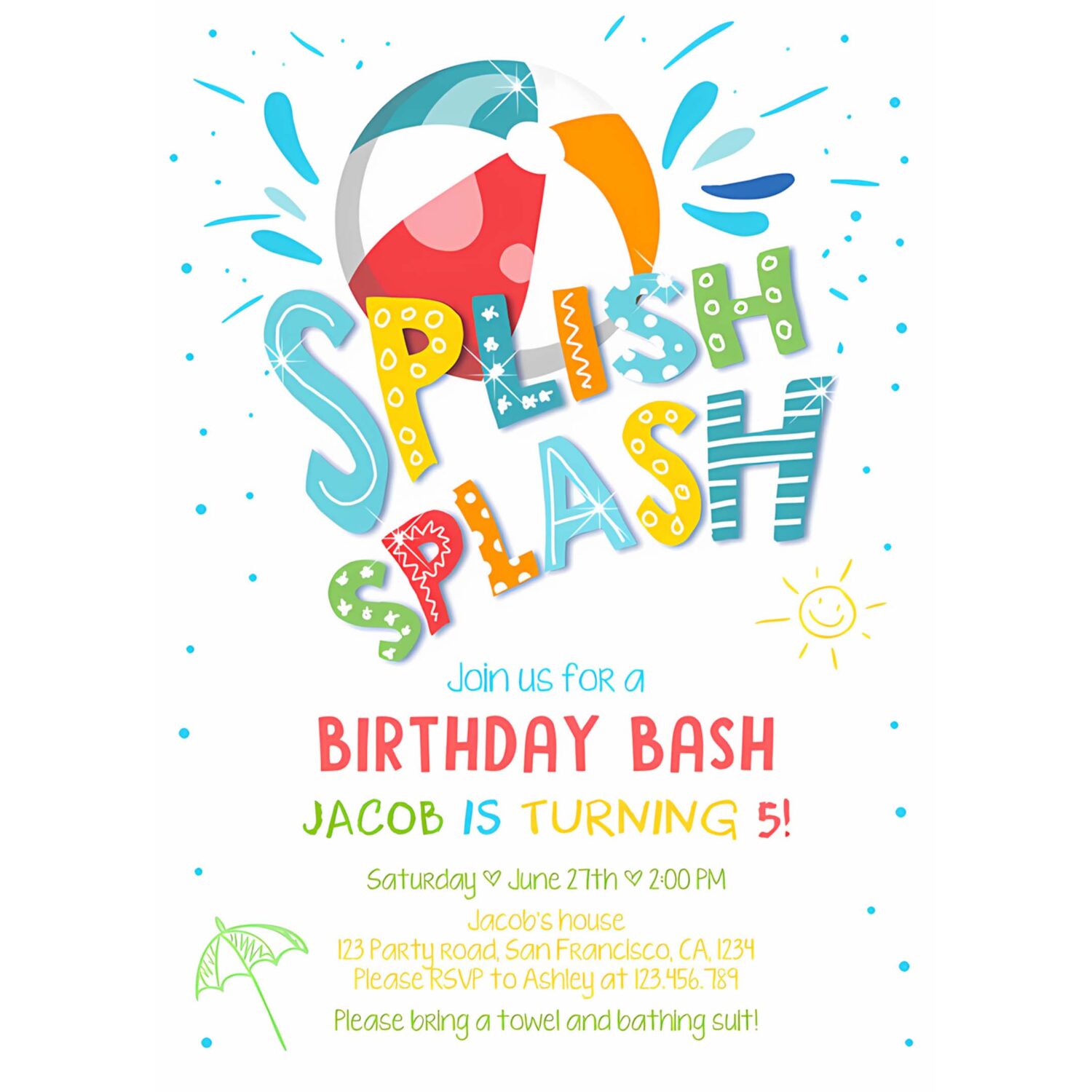 Splish splash birthday invitation pool party boy beach ball blue green birthday bash 4