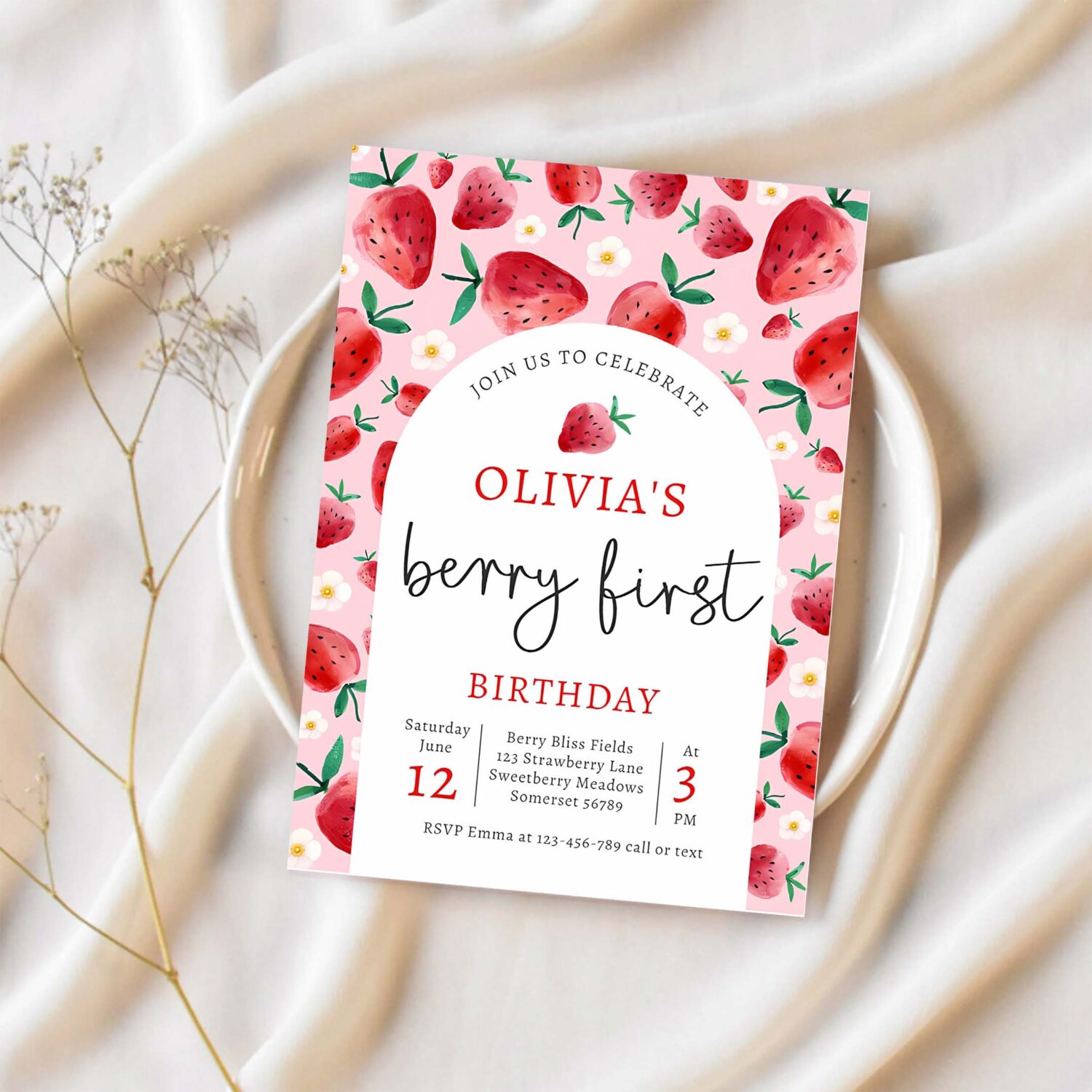 Strawberry 1st birthday berry first birthday party invitation o96a 1