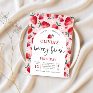 Strawberry 1st birthday berry first birthday party invitation o96a 1