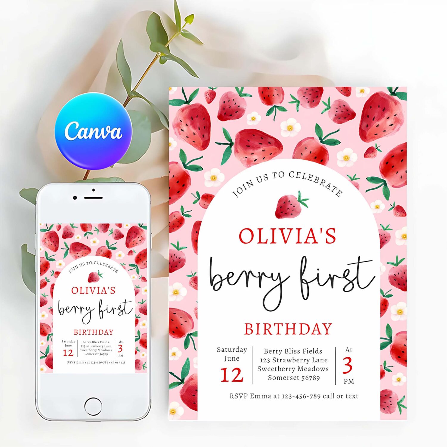 Strawberry 1st birthday berry first birthday party invitation o96a