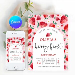 Strawberry Invitation, Strawberry 1st Birthday Berry First Birthday Party Invitation