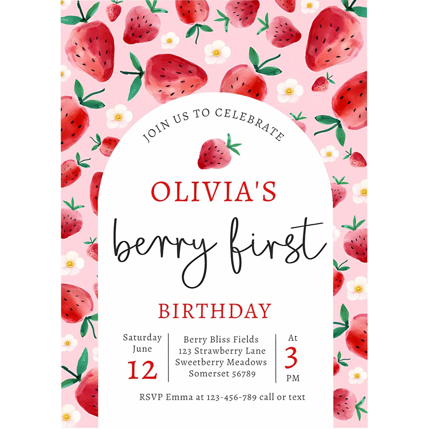 Strawberry 1st birthday berry first birthday party invitation o96a 4