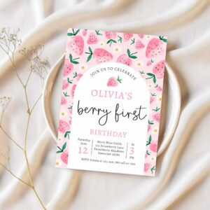Strawberry 1st birthday berry first birthday party invitation z13v 1