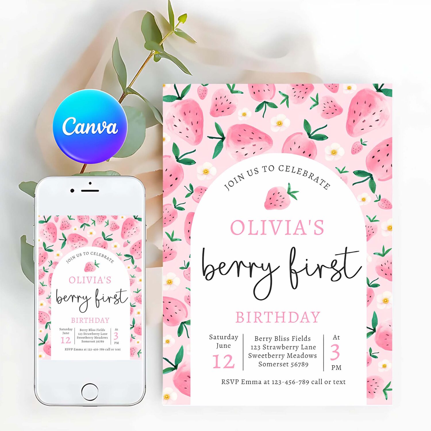 Strawberry 1st birthday berry first birthday party invitation z13v