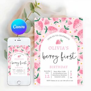 Strawberry Invitation, Strawberry 1st Birthday Berry First Birthday Party Invitation
