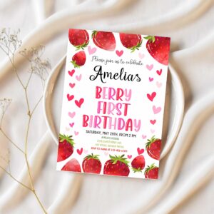 Strawberry birthday invitation party invites berry sweet girl two first 1st summer fruit cute red citrus printable template 1