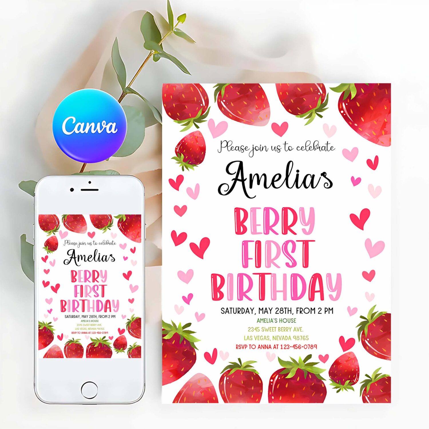 Strawberry birthday invitation party invites berry sweet girl two first 1st summer fruit cute red citrus printable template