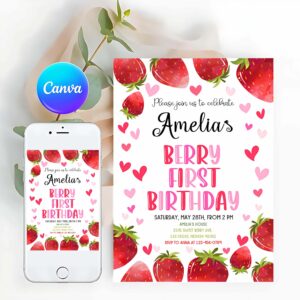 Strawberry Invitation, Strawberry Birthday Invitation
