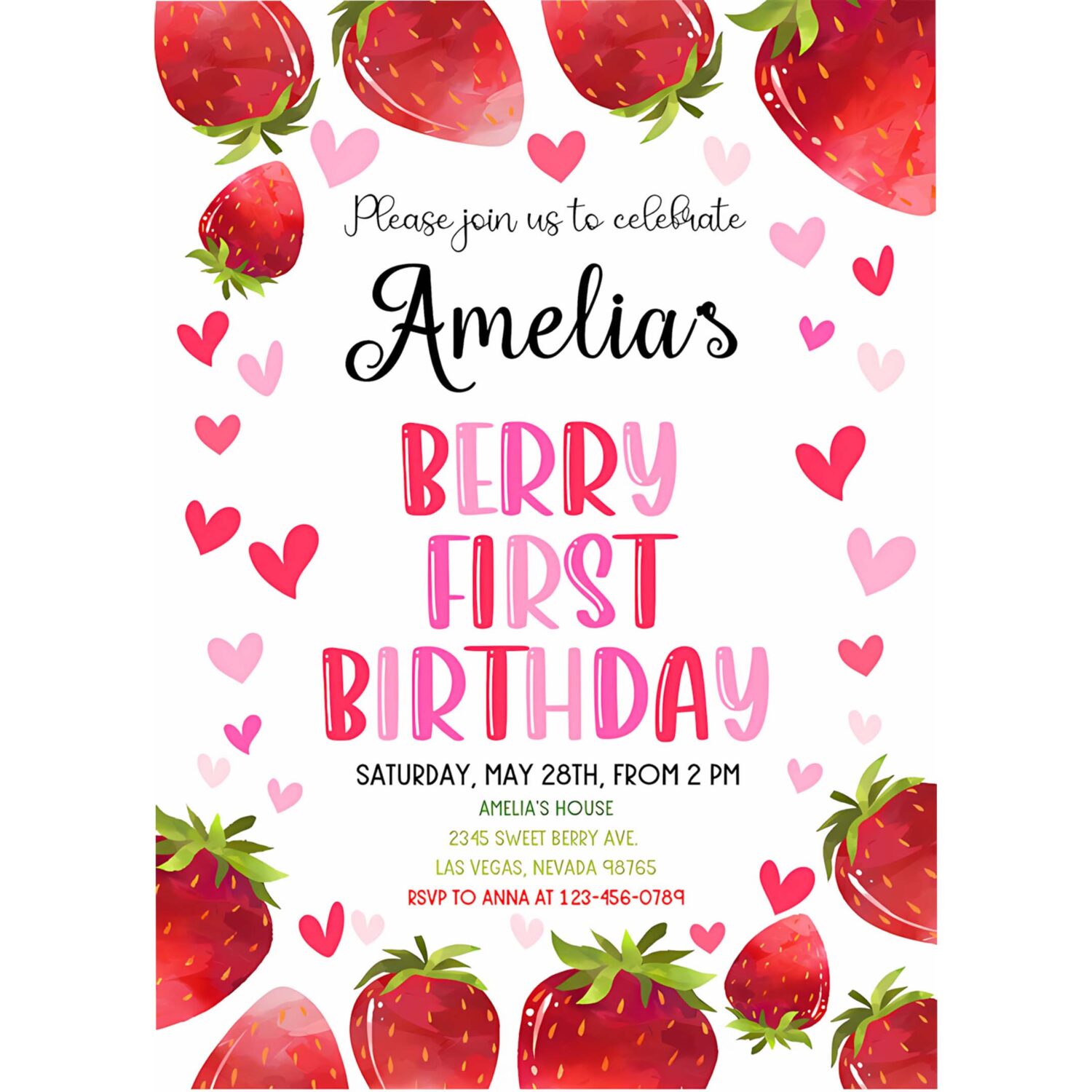 Strawberry birthday invitation party invites berry sweet girl two first 1st summer fruit cute red citrus printable template 4