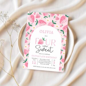 Strawberry four ever sweet berry 4th birthday invitation c49n 1