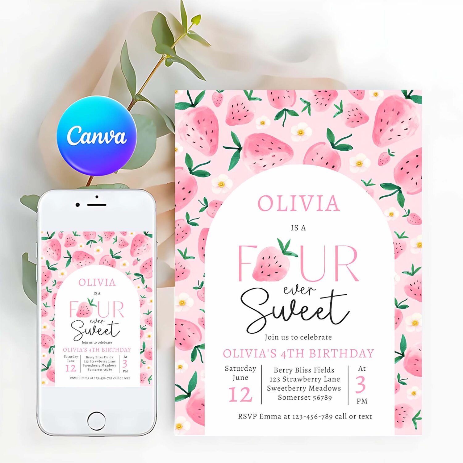 Strawberry four ever sweet berry 4th birthday invitation c49n