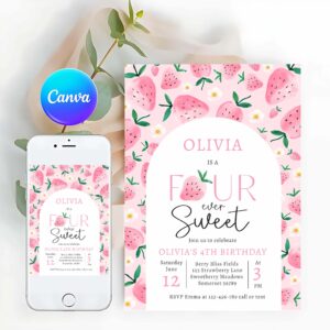 Strawberry Invitation, Strawberry Four Ever Sweet Berry 4th Birthday Invitation