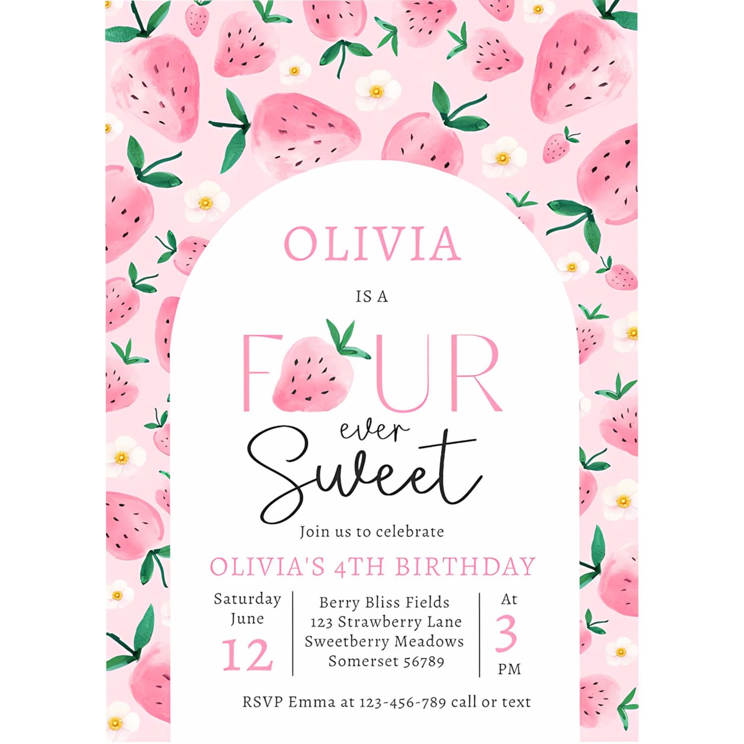 Strawberry four ever sweet berry 4th birthday invitation c49n 4