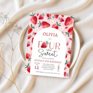 Strawberry four ever sweet berry 4th birthday invitation g98x 1