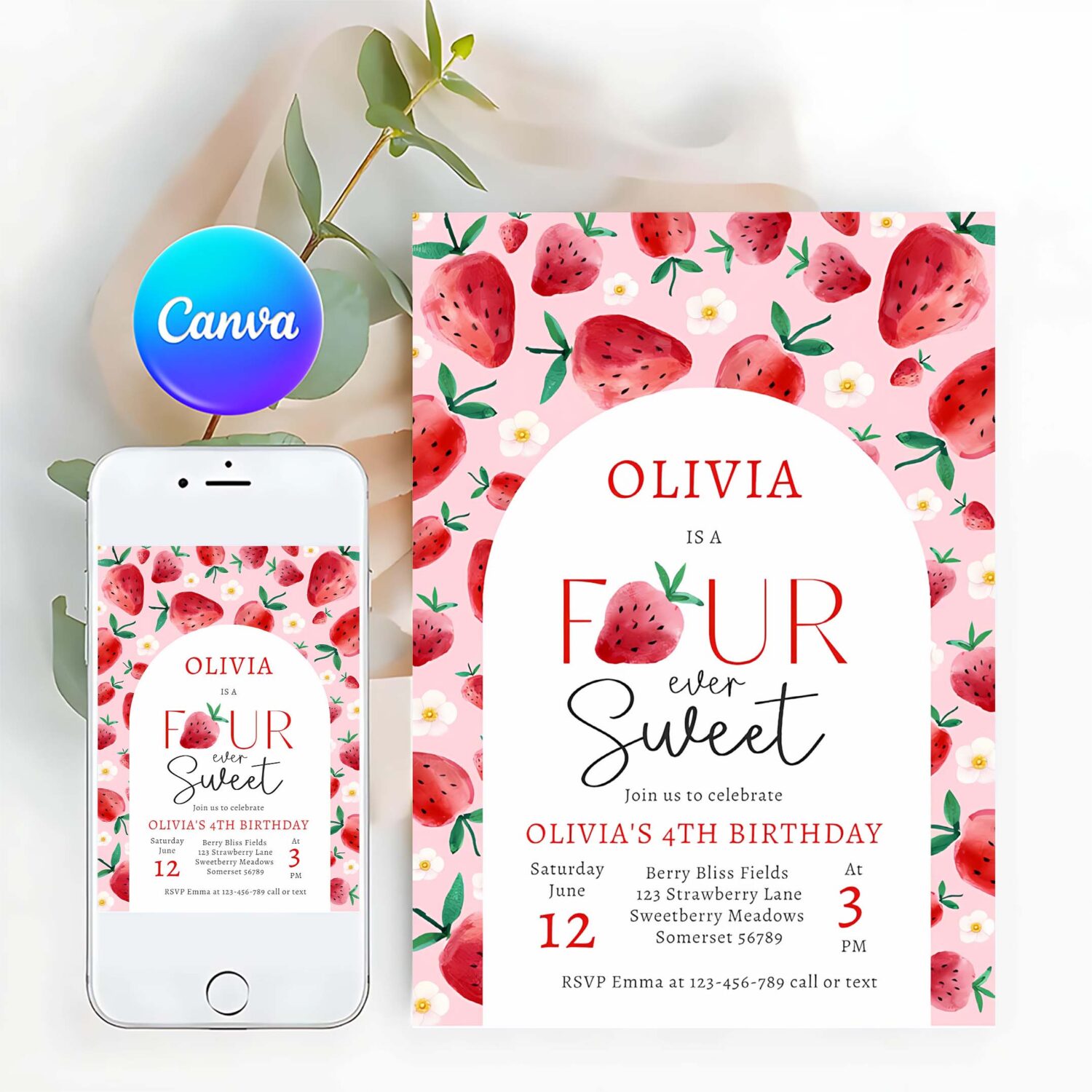 Strawberry four ever sweet berry 4th birthday invitation g98x