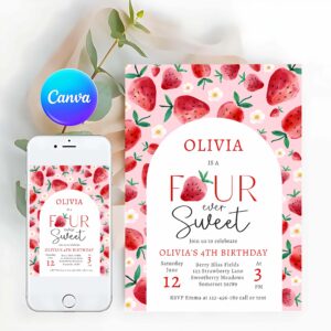 Strawberry Invitation, Strawberry Four Ever Sweet Berry 4th Birthday Invitation