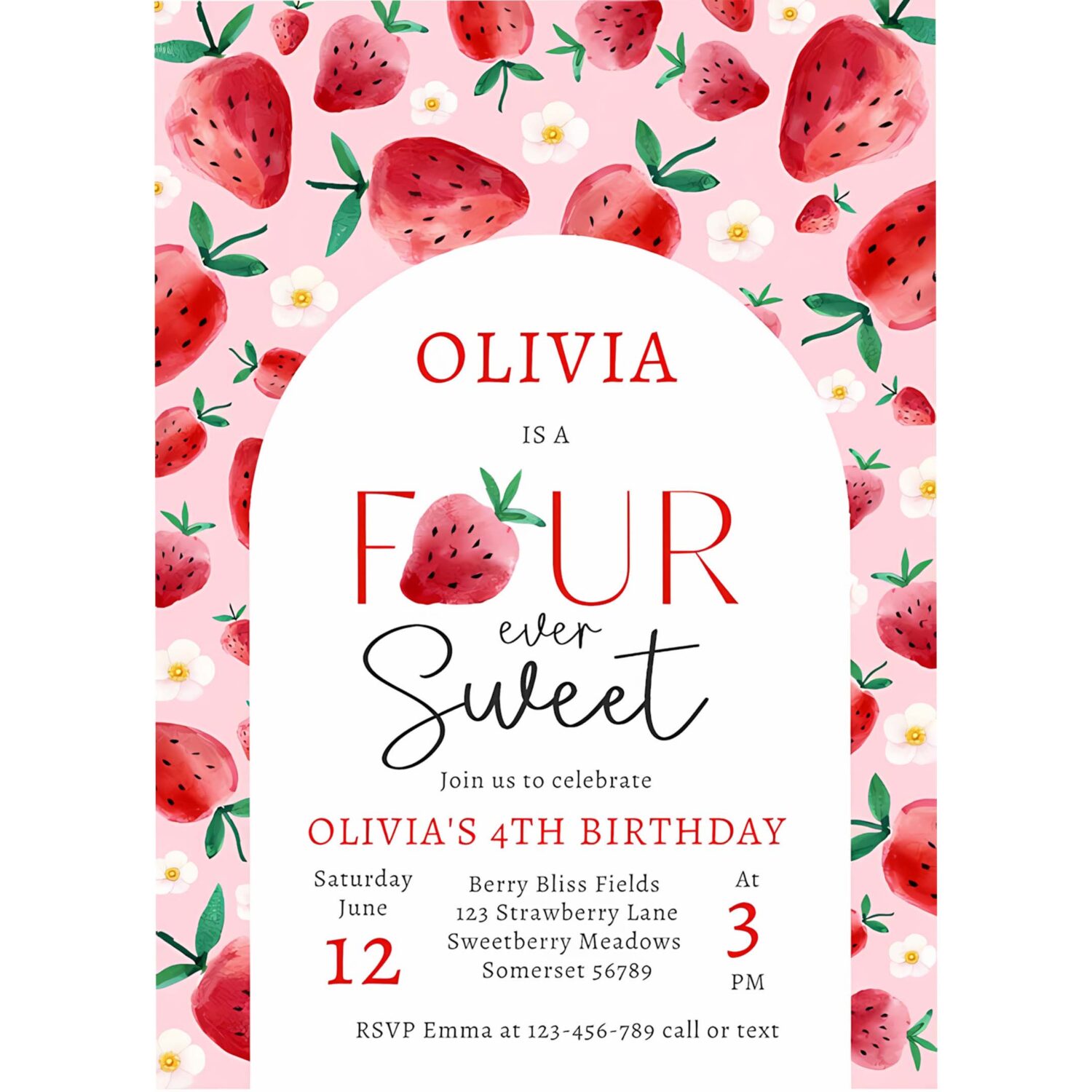 Strawberry four ever sweet berry 4th birthday invitation g98x 4