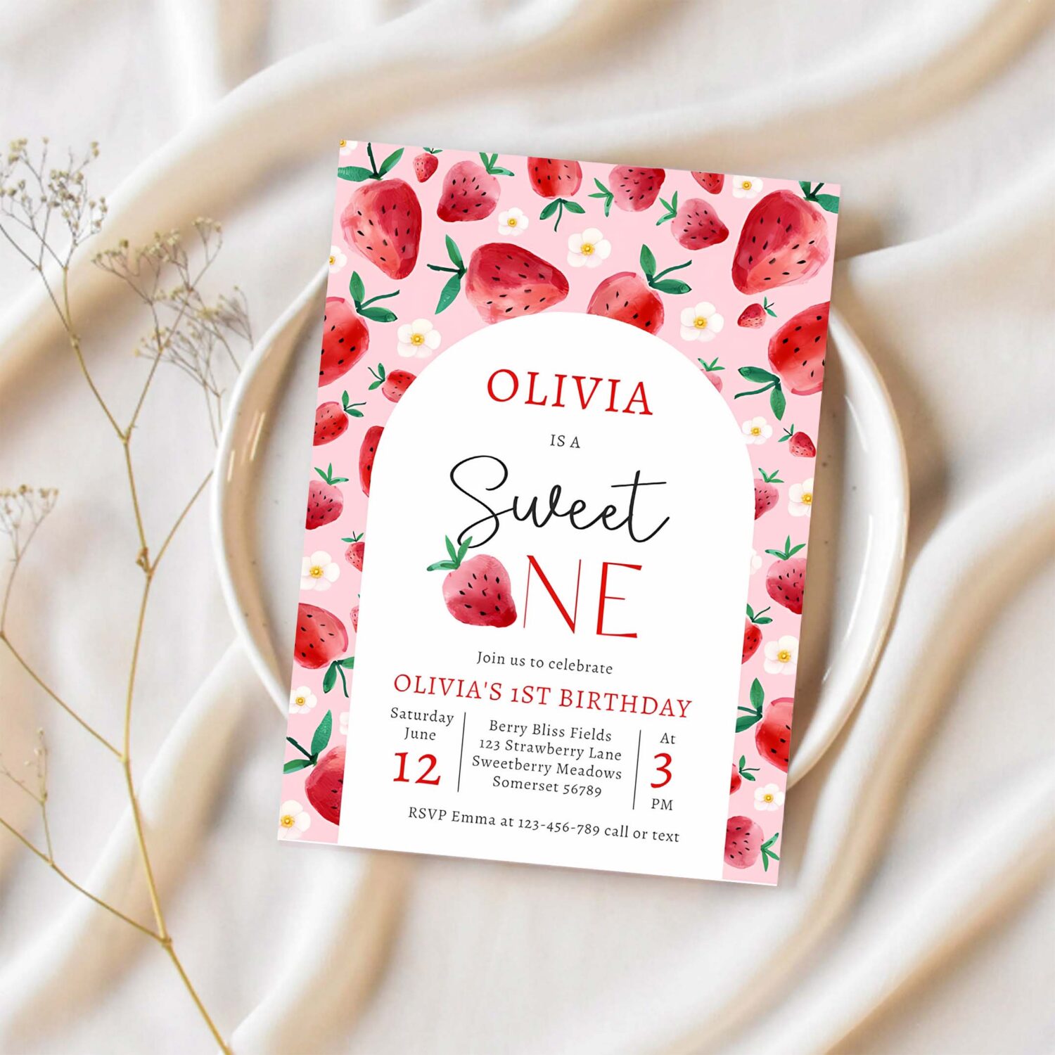 Strawberry sweet one berry 1st birthday party invitation r26l 1