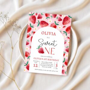 Strawberry sweet one berry 1st birthday party invitation r26l 1