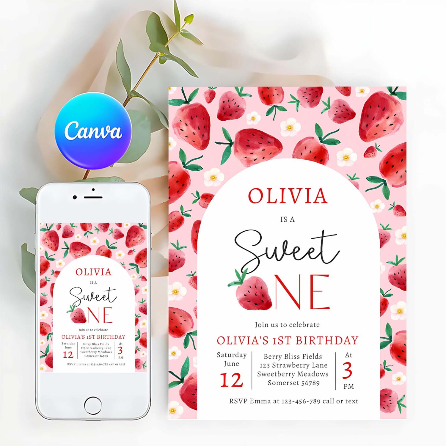 Strawberry sweet one berry 1st birthday party invitation r26l