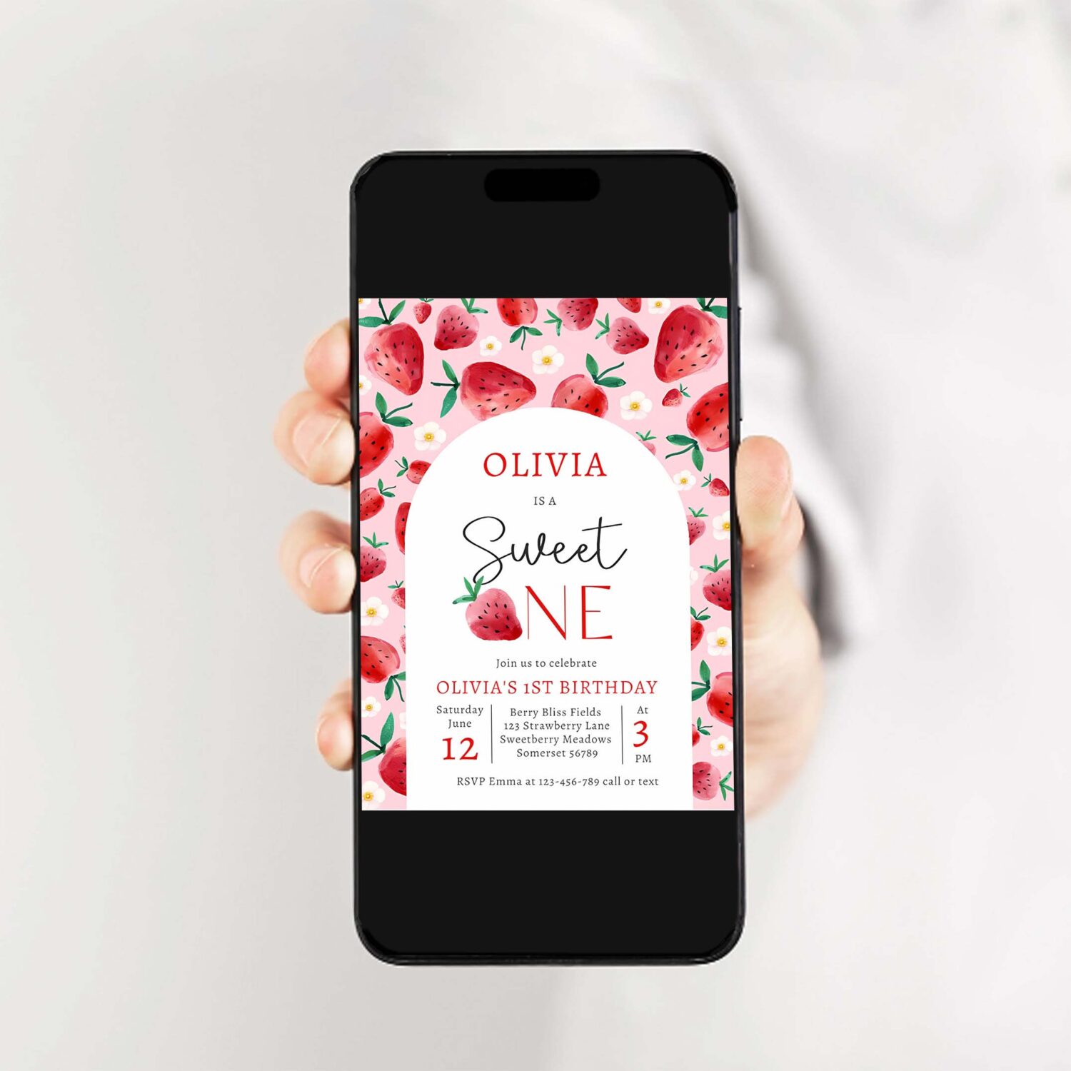 Strawberry sweet one berry 1st birthday party invitation r26l 2