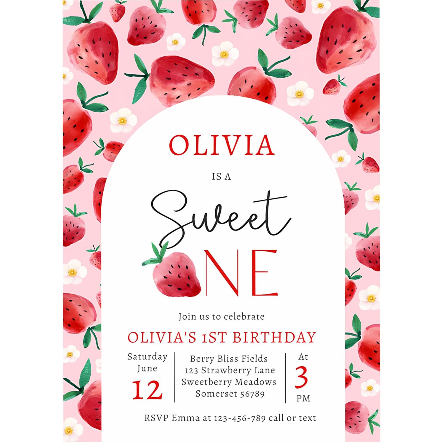 Strawberry sweet one berry 1st birthday party invitation r26l 4