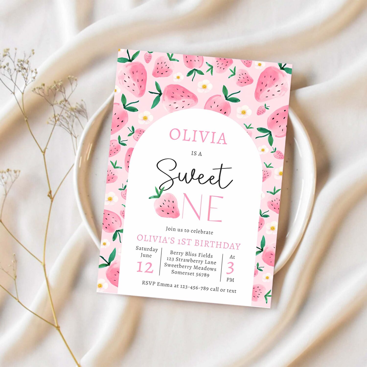 Strawberry sweet one berry 1st birthday party invitation v91n 1