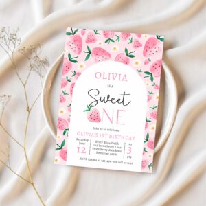 Strawberry sweet one berry 1st birthday party invitation v91n 1
