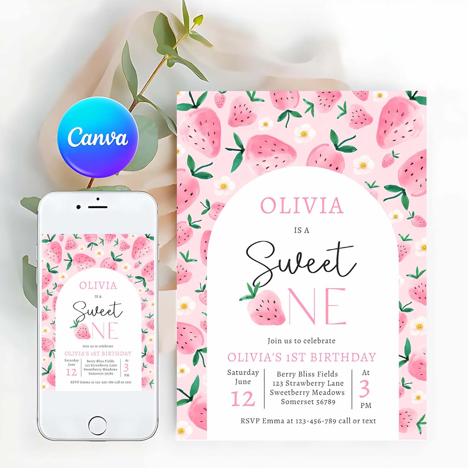 Strawberry sweet one berry 1st birthday party invitation v91n