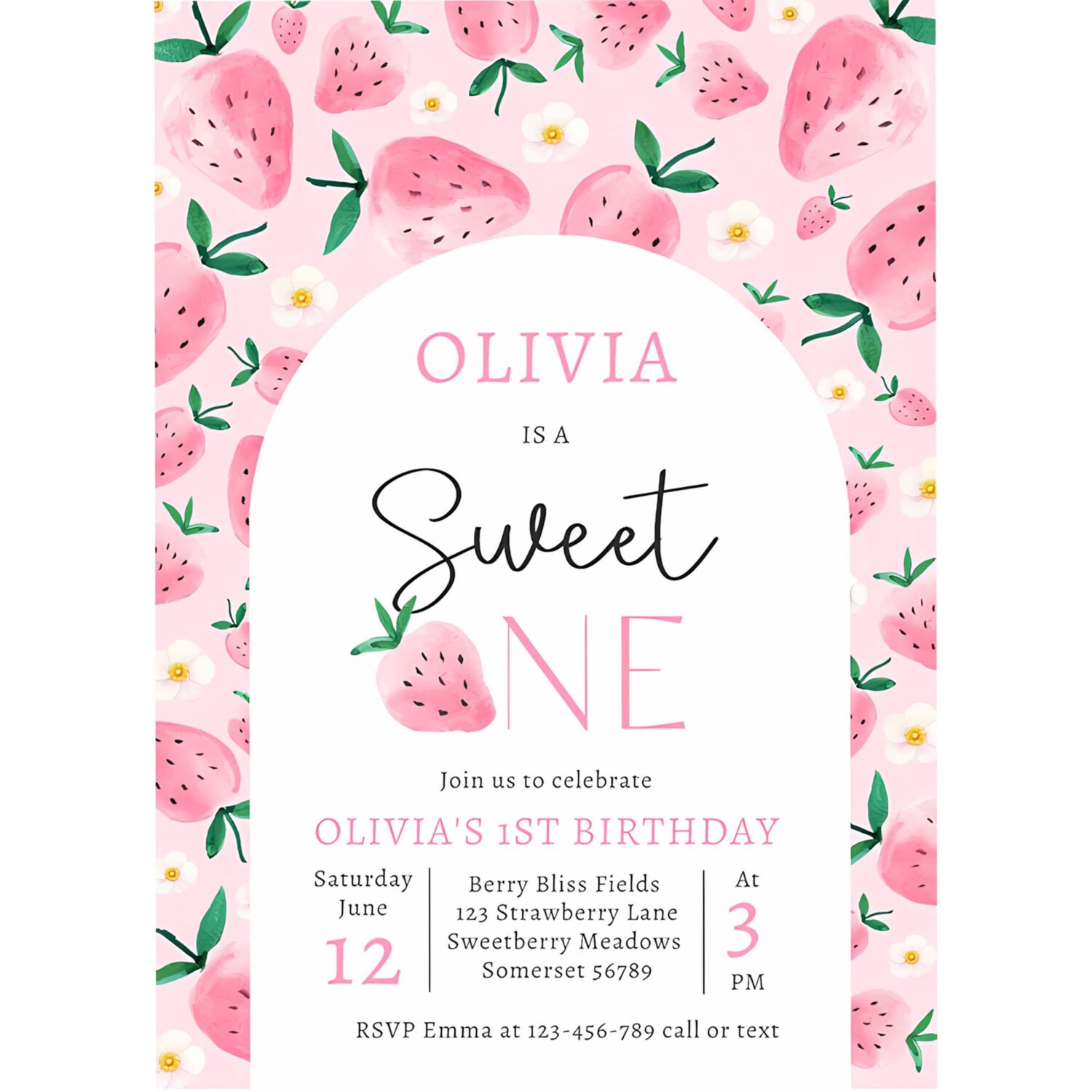 Strawberry sweet one berry 1st birthday party invitation v91n 4