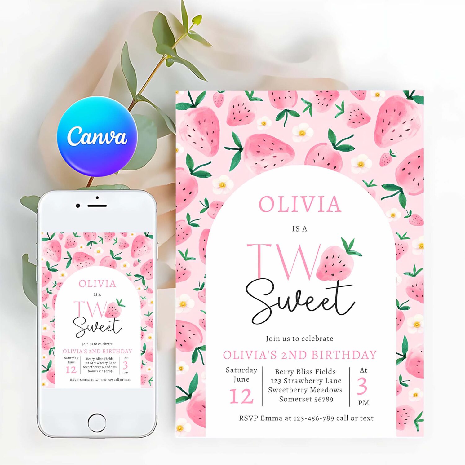 Strawberry two sweet berry 2nd birthday party invitation r13z